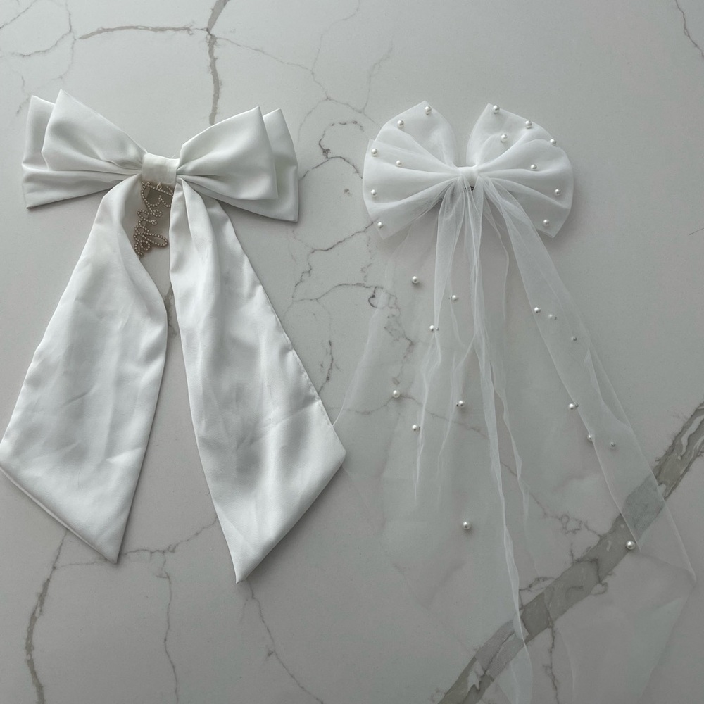 White Bow Hair Accessories - Bride and Pearl